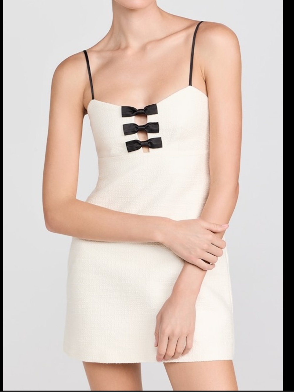 LoveShackFancy Cream Adelaide Mini Dress with Black Bow Detail
